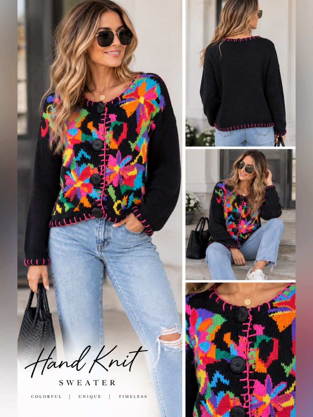 Hand Knit Colorful Floral Cardigan Sweater Boho Wearable Art Statement